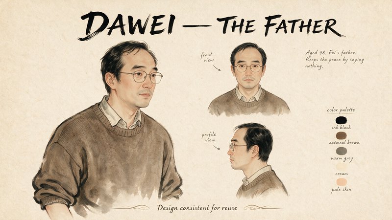 CHARACTER MODEL SHEET — "DAWEI — THE FATHER". Design consistent for reuse.
A single reference sheet on a plain warm off-white page: one large main portrait (waist-up, three-quarter view, neutral expression), a small front-view and profile-view turnaround of the same man beside it, and a row of small colour swatches of his palette along the bottom. Title it "DAWEI — THE FATHER" in brush lettering, with a short handwritten note: "Aged 48. Fei's father. Keeps the peace by saying nothing."
DAWEI — 48, British-Chinese, the father, a Chinese immigrant in suburban London. He is the FATHER of the girl in the attached reference image (Fei) — carry a FAMILY RESEMBLANCE: her long straight nose and her brow. Thinning black hair, wire-rimmed glasses, a soft face gone tired. Warm and quietly funny, but conflict-avoidant — the man at the table who laughs a beat too loudly to smooth things over, and who will not defend his daughter against her mother. Dressed in a cheap oatmeal-brown jumper over a shirt collar, sleeves a little short.
IMPORTANT — his palette must be OATMEAL BROWN and warm grey, NOT sage green (Fei), NOT plum (the mother), NOT indigo (the grandmother). Everyone at this dinner table must be tellable apart at a glance.
Style: Brushflow ink-and-wash — delicate East Asian ink-wash painting, Ikenaga Yasunari portraiture with Huang Guangjian's ink linework, luminous digital finish, visible brush and paper texture, warm off-white paper. Flat 2D hand-painted illustration. Full-bleed, no border. 16:9.