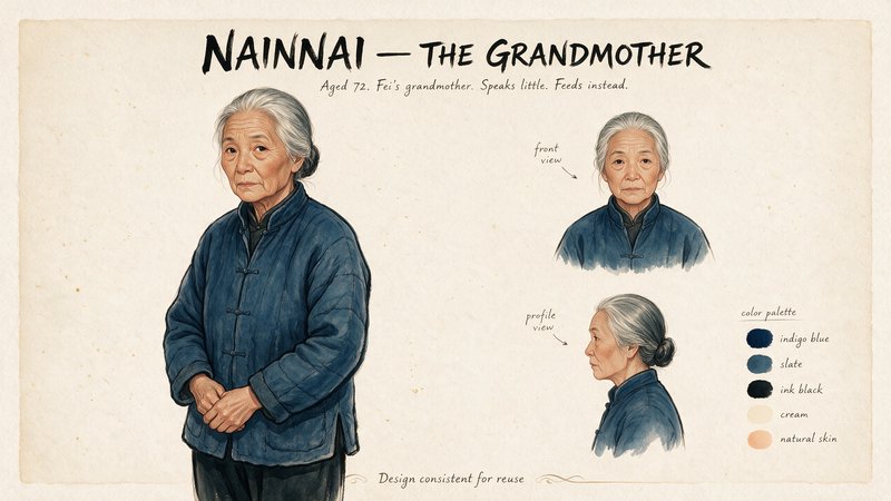 CHARACTER MODEL SHEET — "NAINAI — THE GRANDMOTHER". Design consistent for reuse.
A single reference sheet on a plain warm off-white page: one large main portrait (waist-up, three-quarter view, neutral expression), a small front-view and profile-view turnaround of the same woman beside it, and a row of small colour swatches of her palette along the bottom. Title it "NAINAI — THE GRANDMOTHER" in brush lettering, with a short handwritten note: "Aged 72. Fei's grandmother. Speaks little. Feeds instead."
NAINAI — 72, Chinese, the paternal grandmother, born in China and living with the family in London. She is the GRANDMOTHER of the girl in the attached reference image (Fei) — carry a clear FAMILY RESEMBLANCE through three generations: the same eye shape and jawline, seventy years on. Silver-grey hair pulled back into a neat low bun. A face that has worked. Deeply lined, watchful, unsentimental — she is NOT a cute cartoon granny and NOT a frail victim; she is the toughest person at the table, and she says almost nothing. Dressed in a quilted indigo-blue Chinese jacket (a simple mandarin collar) over dark trousers. Hands strong and capable, the hands of someone who has cooked for fifty years.
IMPORTANT — her palette must be INDIGO BLUE and slate, NOT sage green (Fei wears sage green) and NOT plum (the mother wears plum). Each woman at this dinner table must be tellable apart at a glance.
Style: Brushflow ink-and-wash — delicate East Asian ink-wash painting, Ikenaga Yasunari portraiture with Huang Guangjian's ink linework, luminous digital finish, visible brush and paper texture, warm off-white paper. Flat 2D hand-painted illustration. Full-bleed, no border. 16:9.