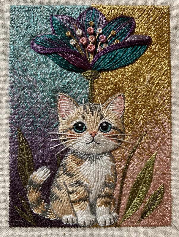 Hand-embroidered thread painting on a visible woven fabric ground, rendered entirely in stitches — not paint, no brushstrokes. Every form built from long-and-short satin stitch and directional cotton floss, so shape follows thread direction. Raised, tactile texture with matte floss sheen, faint fiber fuzz, and tiny needle-holes tracing every contour. Jewel-toned threads (teal, violet, gold) packed densely, with small French-knot clusters for detail. Soft light catches individual strands. Occasional stray threads and slight puckering of the cloth reinforce genuine handmade needlework across the whole image.
an adorable cat sitting under a tall flower, split background, sharp detail, masterpiece , flickering light effects