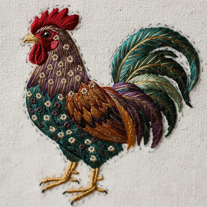 Hand-embroidered thread painting on a visible woven fabric ground, rendered entirely in stitches — not paint, no brushstrokes. Every form built from long-and-short satin stitch and directional cotton floss, so shape follows thread direction. Raised, tactile texture with matte floss sheen, faint fiber fuzz, and tiny needle-holes tracing every contour. Jewel-toned threads (teal, violet, gold) packed densely, with small French-knot clusters for detail. Soft light catches individual strands. Occasional stray threads and slight puckering of the cloth reinforce genuine handmade needlework across the whole image.
Resplendant Rooster