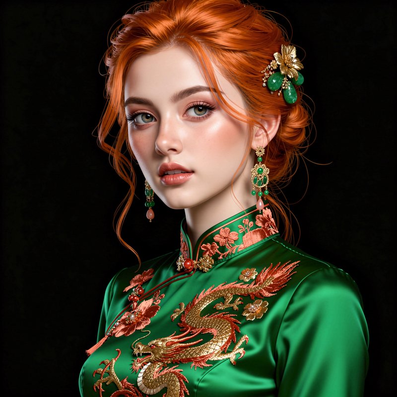 Studio portrait of red-haired woman in emerald embroidered qipao with jade jewelry, solid black background
