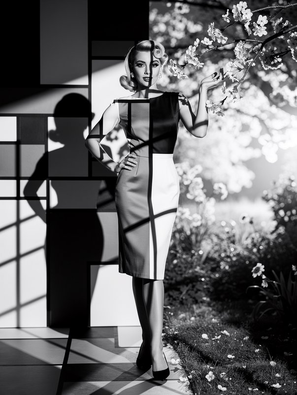 [Black and white retro portrait of 1950s style model, geometric grid shadows overlay the frame next to a cherry blossom ga...