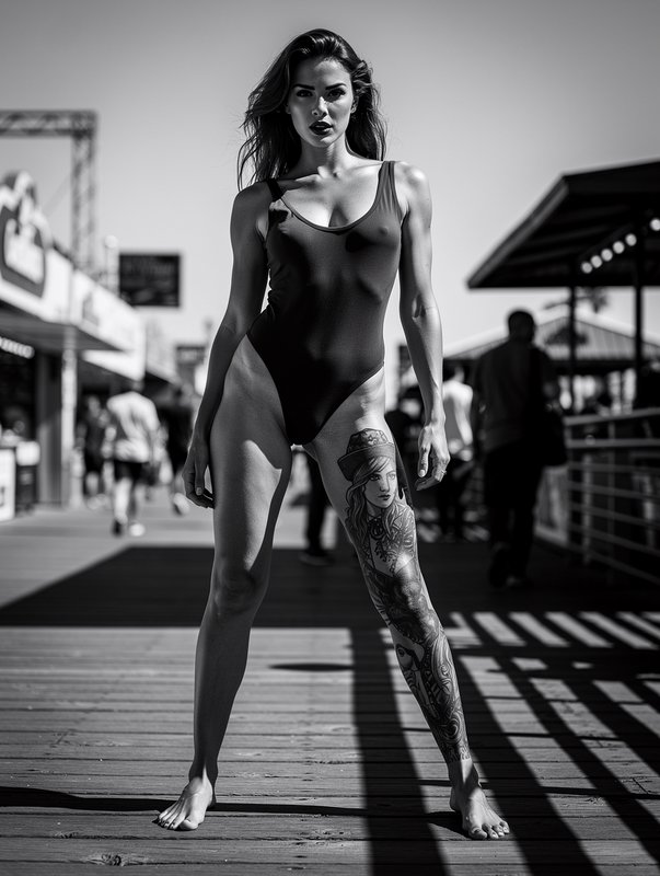 Black and white portrait of a tattooed woman in a swimsuit standing on a sunny wooden boardwalk.