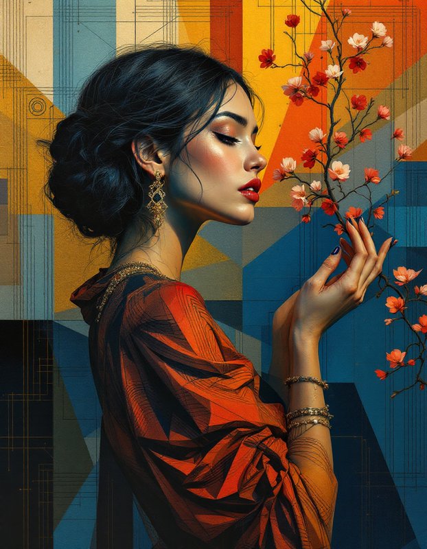 [Stylized elegant portrait of a woman holding a cherry blossom branch against a geometric abstract colorful background]