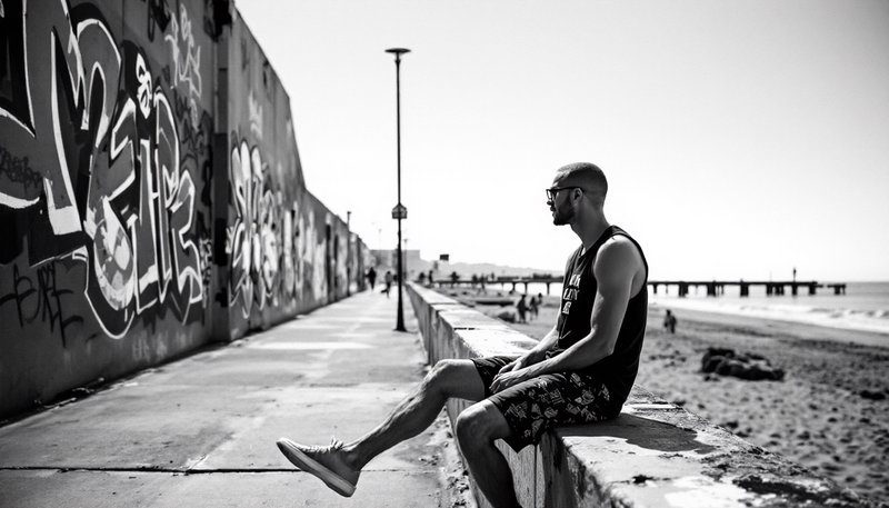 [Monochrome photograph of a man sitting on a seaside boardwalk ledge, gazing out at a beach next to a graffiti-covered wall]