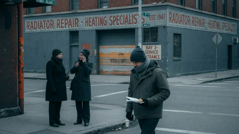 Chilly NYC street corner, man with takeout walks past two women conversing by a vintage radiator repair storefront on an