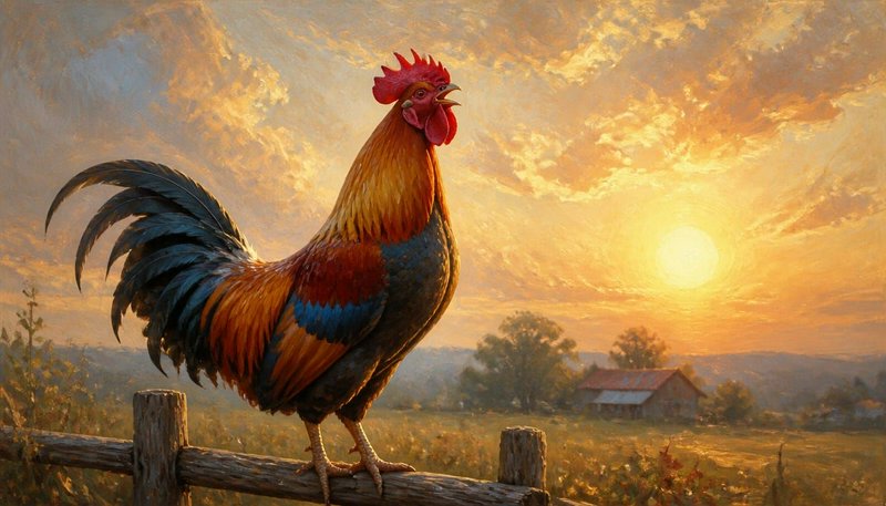 Vibrant plumed rooster crowing while perched on a wooden fence overlooking a rural farm at golden sunrise, painted style.