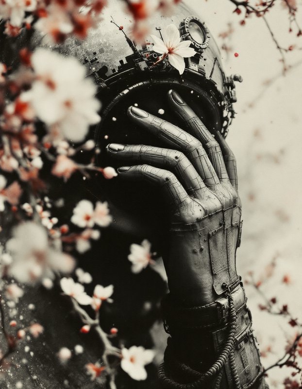 Surreal steampunk artwork of a weathered mechanical hand holding a vintage diving helmet framed by cherry blossom branches.