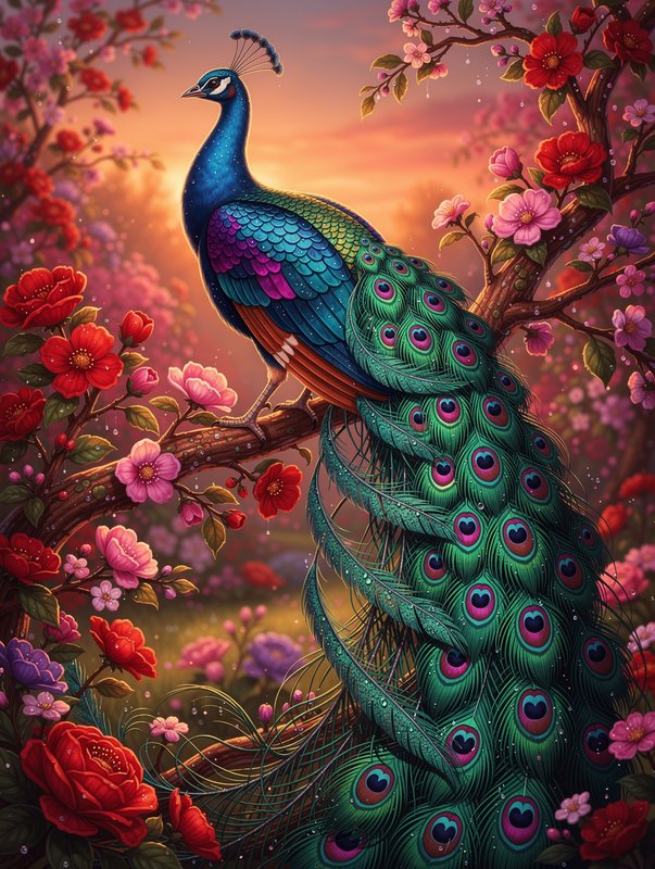 Saturated jewel-toned palette built on electric blues, iridescent teals and magentas set against warm dusky reds, colors pushed to high chroma with luminous glowing accents. Light is soft and diffuse with a dreamy inner glow, low contrast in shadows but sparkling specular highlights scattered like dewdrops across raised surfaces. Rendering is hyper-detailed and glossy, crisp filament-fine detailing on foreground elements softening into a gauzy dreamlike bokeh behind. Compositional rhythm is lush and densely layered, curved organic flow with a rich decorative fullness that fills the frame.
A peacock with a vivid cobalt-blue head and neck, a delicate crest, and a long sweeping train of iridescent green and teal feathers marked with blue and magenta eye-spots.
Vertical medium-full shot at a slight low angle, the bird perched upright with its body turned in profile and head facing left, long ornate train cascading downward through the lower frame, surrounded and partly overlapped by blossoms, sharp focus on the bird with the floral surroundings softening into shallow depth.
Scene set in a dreamy blossoming garden at dusk, with a warm hazy romantic atmosphere, featuring abundant red, pink and purple flowers and flowering branches framing the composition.
