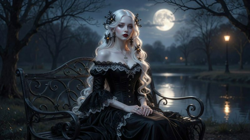 Rendered in polished digital painting with luminous porcelain-cool skin modeling, smooth planar blending that keeps edges crisp on ornament and soft in atmospheric falloff. A restrained palette leans into steel blues and inky blacks pierced by warm amber pinpoints, high contrast between silvered rim light and deep velvet shadow. Cinematic moon-glow bathes forms from behind with delicate specular highlights on raised planes. Fine filament detailing, subtle grain, romantic melancholic mood, balanced centered composition with soft atmospheric depth and gentle bokeh dissolving background detail.

A beautiful pale woman with long platinum-white wavy hair, dark ornamental hair pieces, crimson lips, and a cross pendant, wearing an off-shoulder black gothic gown with lace trim and a corseted bodice.

Medium full shot at eye-level, figure seated centered and facing forward, gaze meeting the lens, hands resting together in her lap, gown spilling across the bench, foreground sharp against a softly blurred distant background.

Scene set in a moonlit park during a cold night, with romantic melancholic atmosphere, featuring a wrought-iron bench, bare silhouetted trees, a full moon, a distant street lamp, and a still reflective pond."}