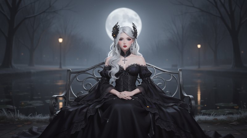 Rendered in polished digital painting with luminous porcelain-cool skin modeling, smooth planar blending that keeps edges crisp on ornament and soft in atmospheric falloff. A restrained palette leans into steel blues and inky blacks pierced by warm amber pinpoints, high contrast between silvered rim light and deep velvet shadow. Cinematic moon-glow bathes forms from behind with delicate specular highlights on raised planes. Fine filament detailing, subtle grain, romantic melancholic mood, balanced centered composition with soft atmospheric depth and gentle bokeh dissolving background detail.
A beautiful pale woman with long platinum-white wavy hair, dark ornamental hair pieces, crimson lips, and a cross pendant, wearing an off-shoulder black gothic gown with lace trim and a corseted bodice.
Medium full shot at eye-level, figure seated centered and facing forward, gaze meeting the lens, hands resting together in her lap, gown spilling across the bench, foreground sharp against a softly blurred distant background.
Scene set in a moonlit park during a cold night, with romantic melancholic atmosphere, featuring a wrought-iron bench, bare silhouetted trees, a full moon, a distant street lamp, and a still reflective pond."}