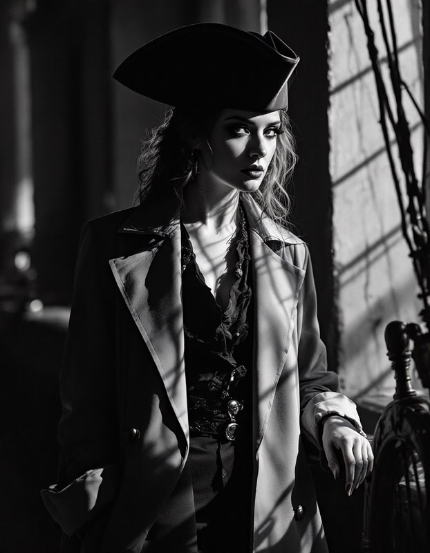 High contrast black and white portrait of a woman wearing a tricorn pirate hat in dramatic side window lighting.