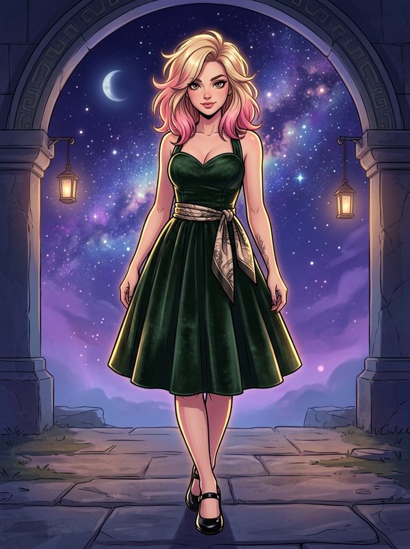 [Illustrated young woman with gradient blonde-pink hair in a green velvet dress, standing under a stone arch against a sta...