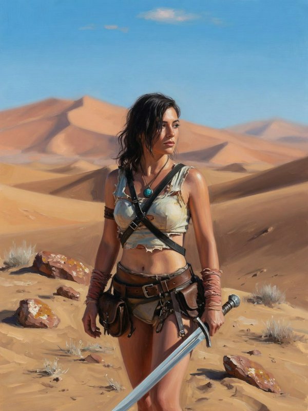 Warm sun-baked palette of ochre, sand and terracotta set against a clean cool cerulean, high-key daylight with strong directional light modeling raised planes into bright highlights and warm reflected shadows. Rendered in confident oil brushwork, visible loaded strokes and softened edges that dissolve into atmospheric bokeh toward distant forms while foreground detail stays crisp. Naturalistic skin luminosity, subtle impasto on lit surfaces, painterly texture throughout. Balanced central composition with open negative space and gentle tonal recession conveying heat and sunlit solitude.

A woman warrior with dark tousled shoulder-length hair, wearing a torn pale cropped top, a leather crossbody harness, a wide belt with hip pouches, cloth arm wraps and a turquoise pendant, holding a long sword.

Medium full-body shot at eye level, figure standing and facing forward with body angled slightly, gaze directed off to the side, one hand gripping a downward sword at her side, subject sharp in the foreground with the landscape softening into shallow depth behind.

Scene set in a vast sand-dune desert during clear midday, with dry hot stillness, featuring rolling dunes, scattered rocks and sparse tufts of brush under an open blue sky.