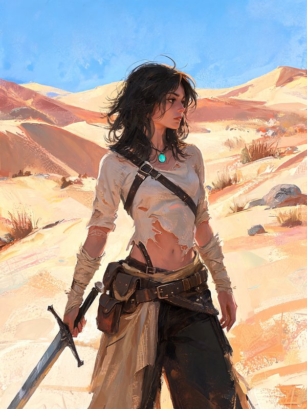 Warm sun-baked palette of ochre, sand and terracotta set against a clean cool cerulean, high-key daylight with strong directional light modeling raised planes into bright highlights and warm reflected shadows. Rendered in confident oil brushwork, visible loaded strokes and softened edges that dissolve into atmospheric bokeh toward distant forms while foreground detail stays crisp. Naturalistic skin luminosity, subtle impasto on lit surfaces, painterly texture throughout. Balanced central composition with open negative space and gentle tonal recession conveying heat and sunlit solitude.
A woman warrior with dark tousled shoulder-length hair, wearing a torn pale cropped top, a leather crossbody harness, a wide belt with hip pouches, cloth arm wraps and a turquoise pendant, holding a long sword.
Medium full-body shot at eye level, figure standing and facing forward with body angled slightly, gaze directed off to the side, one hand gripping a downward sword at her side, subject sharp in the foreground with the landscape softening into shallow depth behind.
Scene set in a vast sand-dune desert during clear midday, with dry hot stillness, featuring rolling dunes, scattered rocks and sparse tufts of brush under an open blue sky.