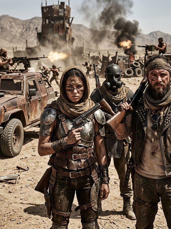 Armed post-apocalyptic survivor crew stand in desert wasteland, with active battle, explosions and rusted vehicles behind ...