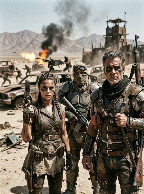 Desaturated palette with hard lighting amplifies austere elegance, and atmospheric grain with industrial decay heightens isolation. The fusion manifests as bleached colors with textured desolation, preserving original subjects and settings.
Three rugged post-apocalyptic wasteland warriors in scavenged leather-and-metal armor, faces streaked with dark war paint, wearing scarves, buckled belts, harnesses and holstered weapons, two men and one woman carrying firearms.
Medium wide shot at near eye-level, the three figures grouped close and slightly staggered in depth facing the camera with steady defiant gazes, the foremost man cropped at the thighs on the right, the woman centered gripping a pistol, a masked figure between and behind them, chaotic action layered in soft-focus distance.
Scene set in a barren desert wasteland during harsh daytime, with a tense embattled atmosphere, featuring wrecked armored vehicles, a mounted gun spewing fire and black smoke, distant fighters, mountains and a fortified scrap tower.