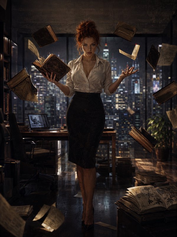 Confident red-haired woman stands in a night high-rise office, surrounded by floating antique books controlled by