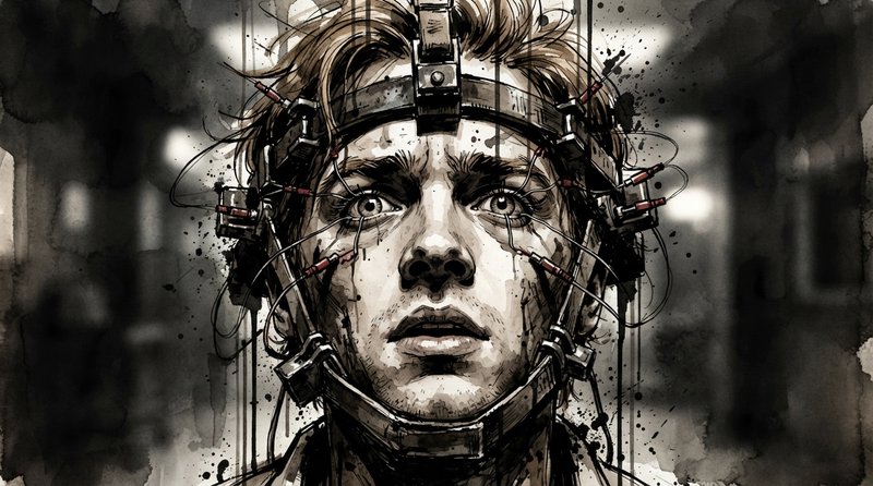 [Close-up ink portrait of a wide-eyed distressed man wearing a wired experimental mechanical head rig, dark sci-fi lab set...