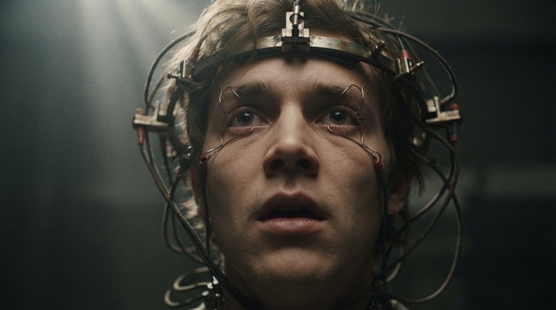 Atmospheric layering creates environmental depth that amplifies solitude, and volumetric lighting produces luminous haze that heightens mystery. The fusion manifests as layered atmospheric effects with directional backlighting, preserving original subjects and settings.

A young adult man with light brown hair, wearing a head-restraint apparatus fitted with metal clamps, wires and small red-tipped connectors, plus wire eyelid retainers holding his eyes wide open.

Extreme close-up at a slightly low eye-level angle, face filling the frame and tilted upward, eyes forced wide with a fixed distressed stare, mouth slightly open, the apparatus wires radiating outward, shallow focus keeping the face sharp against a blurred dark backdrop.

Scene set in a dim institutional interior during an indefinite indoor moment, with a tense oppressive atmosphere, featuring shadowed dark surroundings and faint background light.