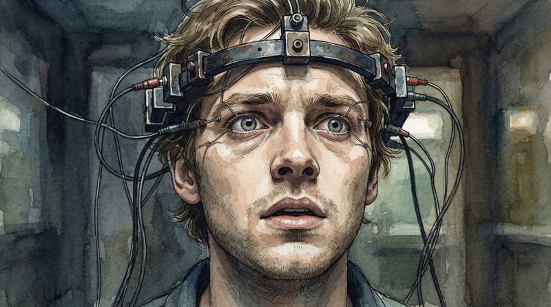 Layered atmospheric perspective creates soft depth gradations that amplify serenity, and controlled watercolor bleeding produces delicate transitions that heighten contemplation. The fusion manifests as atmospheric watercolor washes with precise ink linework, preserving original subjects and settings.

A young adult man with light brown hair, wearing a head-restraint apparatus fitted with metal clamps, wires and small red-tipped connectors, plus wire eyelid retainers holding his eyes wide open.

Extreme close-up at a slightly low eye-level angle, face filling the frame and tilted upward, eyes forced wide with a fixed distressed stare, mouth slightly open, the apparatus wires radiating outward, shallow focus keeping the face sharp against a blurred dark backdrop.

Scene set in a dim institutional interior during an indefinite indoor moment, with a tense oppressive atmosphere, featuring shadowed dark surroundings and faint background light.