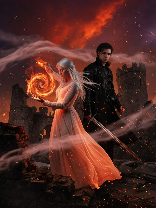 Rendered in saturated crimson and molten-orange firelight set against deep near-black shadow, with high contrast and a warm dramatic key that carves figures out of darkness. A hot rim glow traces contours while cooler pockets recede into gloom. Surfaces are glossy and photorealistic with crisp micro-detail on edges, hair and fabric, softening into atmospheric haze and floating embers. Composition is theatrical and vertically stacked, layered with smoke and drifting light for cinematic depth. Colour ranges from ember-red skies to charred umber foreground, painterly yet photographic.

A woman with long platinum-white hair in a flowing white gown conjuring swirling flame at her fingertips, and a man with dark tousled hair in a black leather coat holding a longsword.

Medium full-length two-shot at slightly low eye-level, the pale figure turned three-quarter toward her raised glowing hand with downcast focus, the dark figure standing tall and forward beside and slightly behind her gripping the sword downward, gaze fixed ahead, bodies overlapping in staggered depth against a receding backdrop.

Scene set at a ruined stone castle during a stormy night, with an ominous fiery atmosphere, featuring a blood-red sky, drifting smoke, glowing embers and crumbling walls.