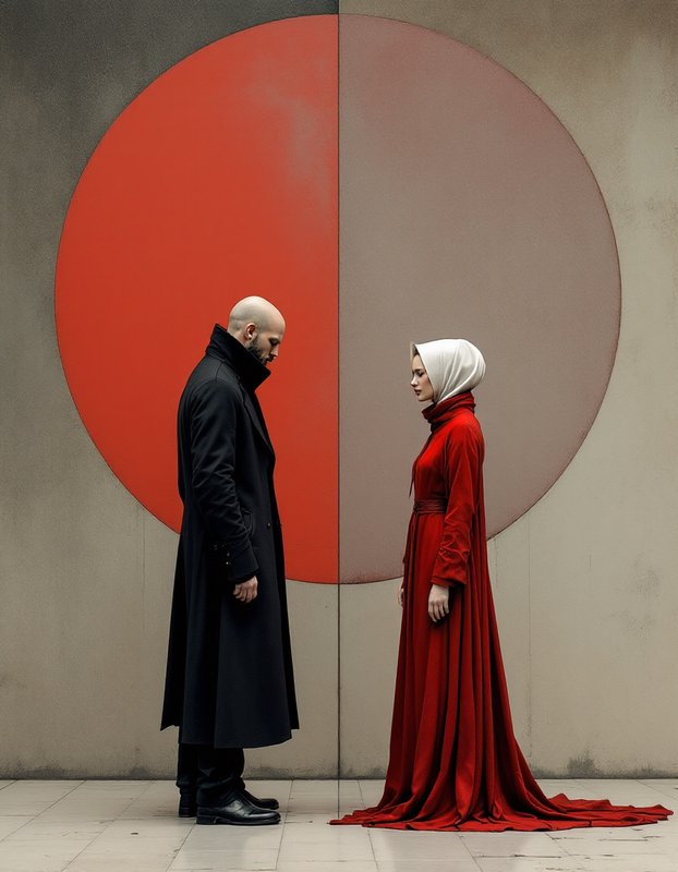 Conceptual portrait of a man in a black coat and woman in a red gown facing one another before a split circular wall
