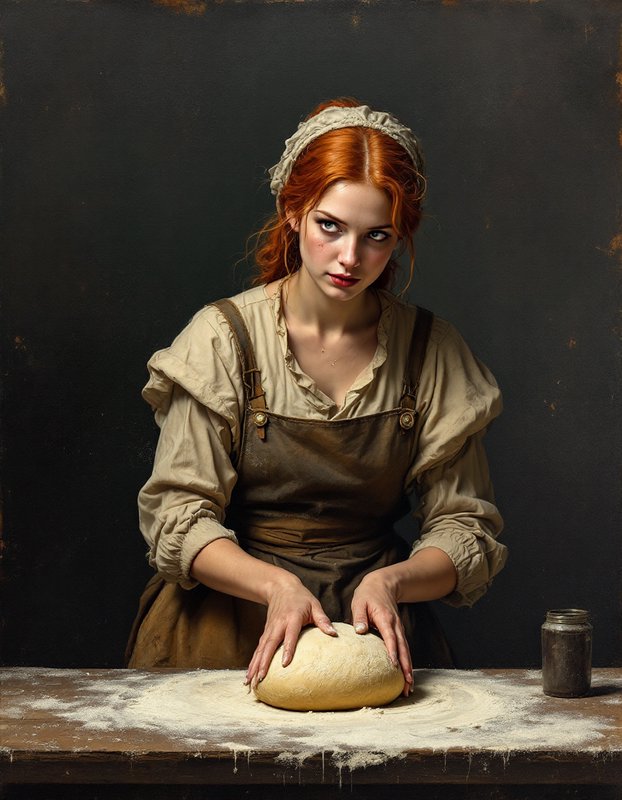 Fine art portrait of red-haired female baker shaping fresh bread dough on a floured wooden work table