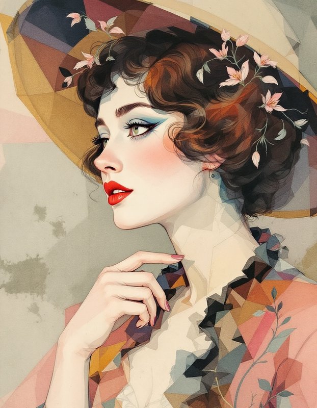 Art deco cubist portrait of an elegant 1920s woman with pink florals in her curled hair and geometric wide-brim hat.