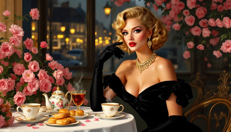 [Glamorous vintage blonde woman in a formal black gown sits at an elegant Parisian tea table surrounded by blooming pink r...