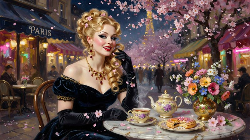 [Glamorous vintage woman sits at a Paris sidewalk café, pink cherry blossoms and lit Eiffel Tower in the evening background]