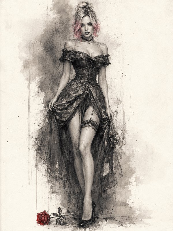 Charcoal sketch of a gothic woman with pink-tipped hair in a lace corset gown, standing beside a red rose