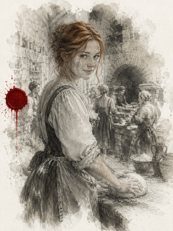 Monochrome watercolor sketch of a freckled red-haired medieval baker kneading dough, with red fleur-de-lis wax seal accent.