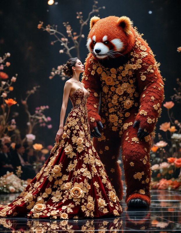 Elegant woman in a burgundy gold embroidered gown stands beside a giant ornate red panda on a fantasy runway