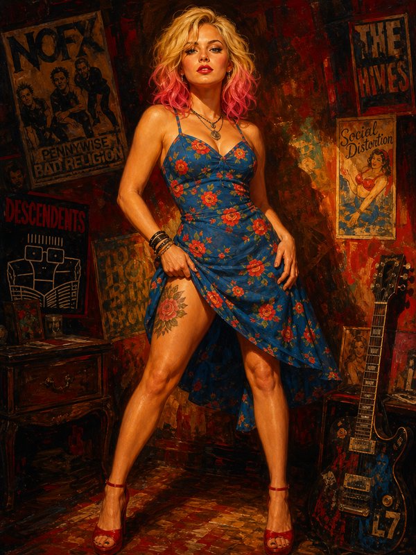Oil painting portrait of a pink-tipped blonde woman in a blue floral dress, set against a wall of vintage punk band posters