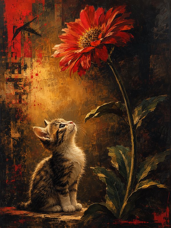 [Impasto painting of a tiny tabby kitten gazing upward at a large vibrant red flower on a moody warm textured background]