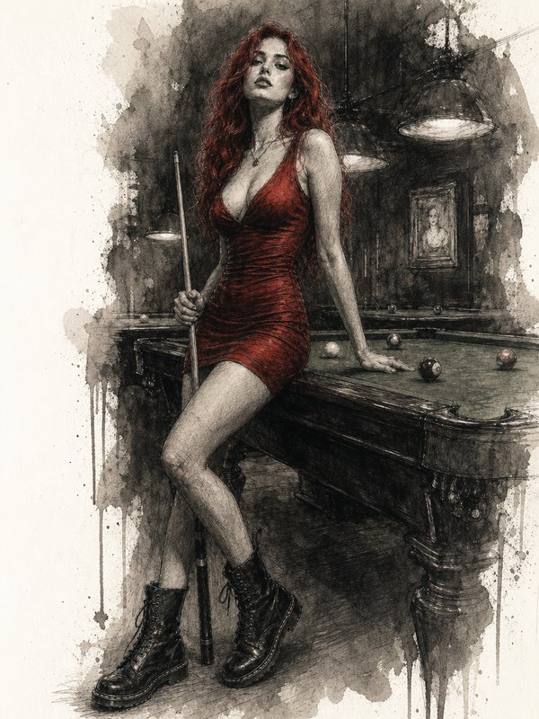 Watercolor sketch of red-haired woman in red dress leaning on pool table holding a billiards cue