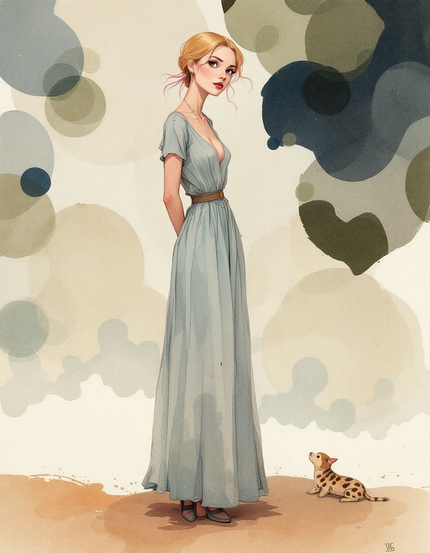 [Blonde woman in flowy sage maxi dress stands beside small spotted pet, soft abstract watercolor background]