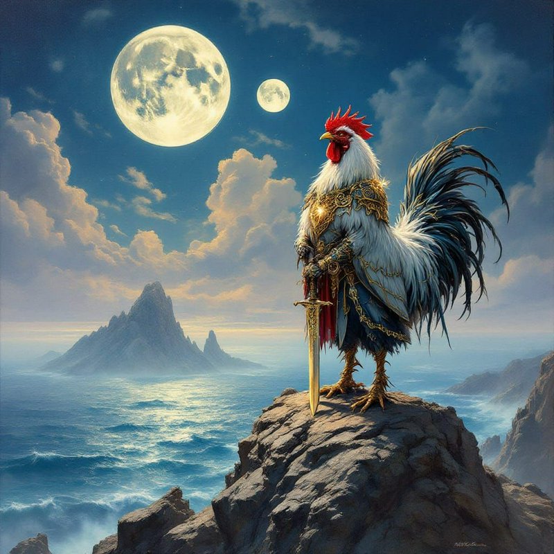 Armored rooster knight holds a golden sword atop a coastal cliff beneath two glowing full moons overlooking a misty ocean