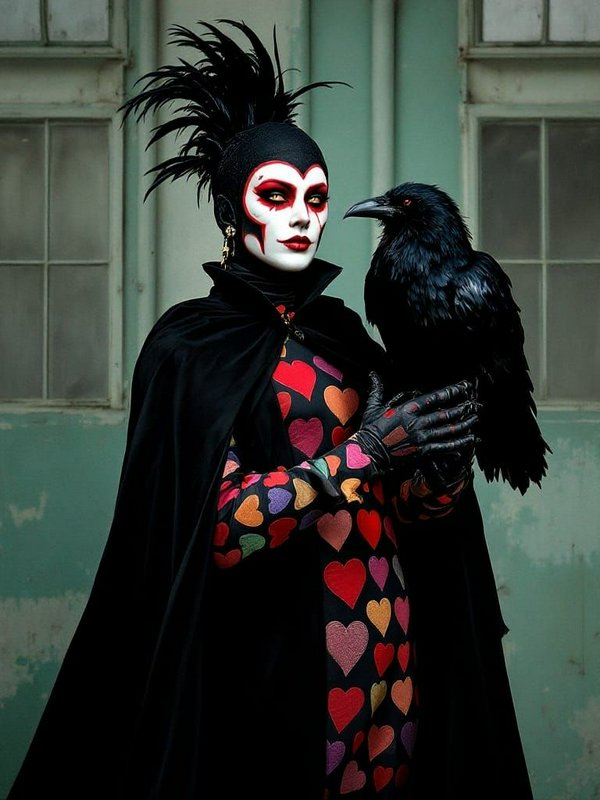Gothic harlequin figure with dramatic face paint holds a black raven, wearing a heart print dress and spiky feather