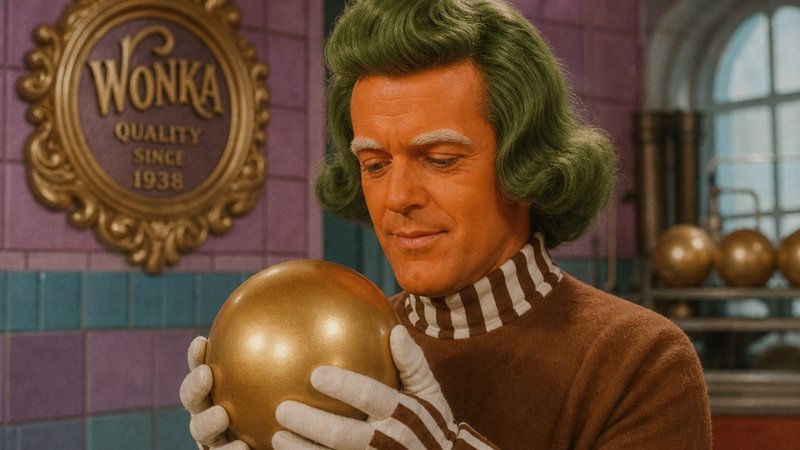 Oompa Loompa with green curly hair holds a shiny golden orb, with an official Wonka factory plaque in the background.