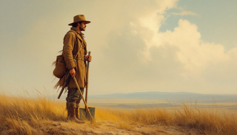 19th century frontier prospector stands on a grassy prairie ridge, holding tools and overlooking vast open western plains