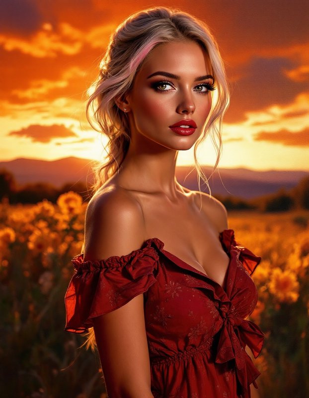 Close-up portrait of blonde woman in red off-shoulder dress standing in a sunflower field at golden sunset.