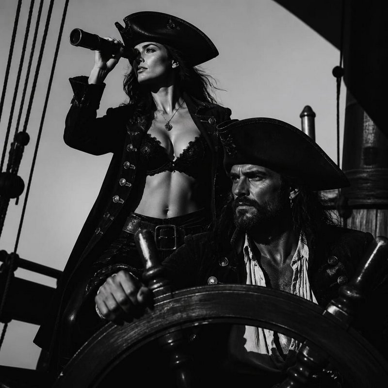 Black and white portrait of a pirate couple on a tall ship: man at the helm, woman peering through a spyglass