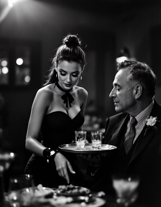 Black and white film noir scene: elegant woman leans over a suited man holding a cocktail tray at a dim upscale dinner lou...