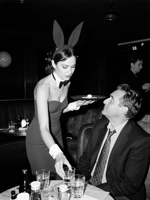 Black and white photo of a bunny costume waitress serving drinks to a suited patron in a dim retro nightclub.