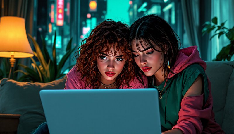 Two young women sit closely on a couch, focused on a shared laptop, with a neon lit city skyline visible through