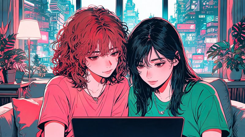 Layered urban architecture and gritty cyberpunk atmosphere form the backdrop, hyperreal precision enhances reflective leather, hair texture, and metal accents, and sharp inking and light-shadow discipline give the scene a crisp, illustrated edge. The fusion should manifest as a high-contrast, red-cyan duotone cyberpunk graphic novel panel with dense background detail and tactile realism
Two young women, one with curly reddish-brown hair in a pink top, the other with straight hair in a green top.
Medium close-up at eye level, both figures seated close and leaning together shoulder to shoulder, faces turned toward a laptop in the lower foreground, gazes fixed on its screen, the open device partly cropped at the frame's bottom edge with the pair sharp against a softly blurred background.
Scene set in a cozy living room during daytime, with a calm relaxed atmosphere, featuring a couch, soft lamplight and green houseplants.