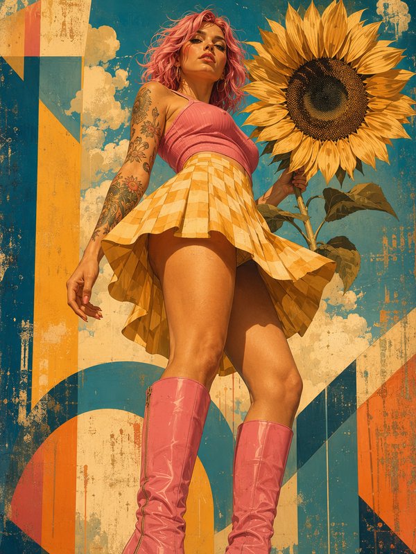 Low angle portrait of pink-haired tattooed woman holding a giant sunflower against a retro geometric painted sky backdrop