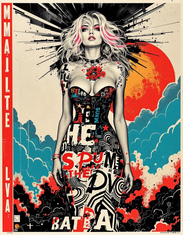 Retro pop art poster of a tattooed blonde woman with pink hair streaks, typography print dress, bold sun and cloud backdrop